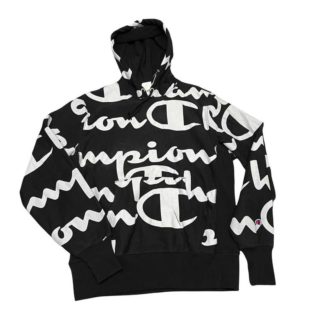 Champion Sweater Men’s S Black‎ White Script All Over Print Hoodie *Damaged*